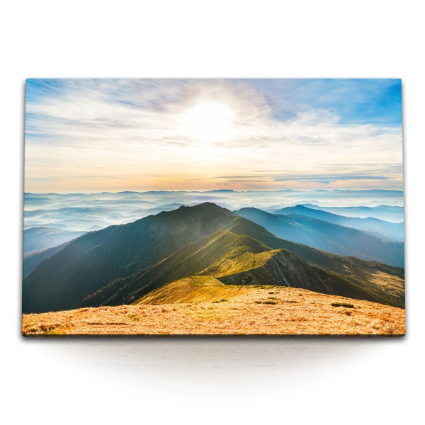 Paul Sinus Art 120x80cm Wandbild auf Leinwand Berge Gebirge Bergkette Natur Landschaft Sonnenuntergang