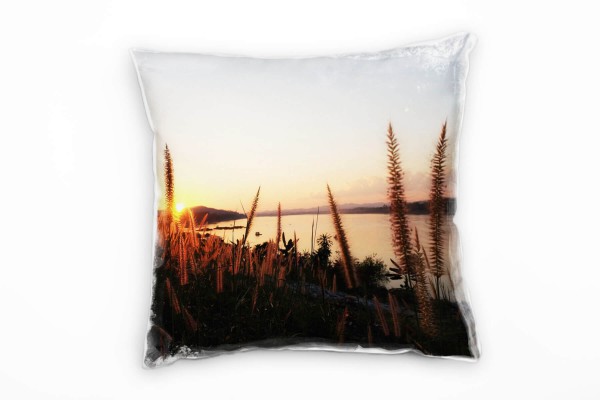 Paul Sinus Art Seen, Sonnenuntergang, Gräser, orange, braun Deko Kissen 40x40cm für Couch Sofa Lounge Zierkissen