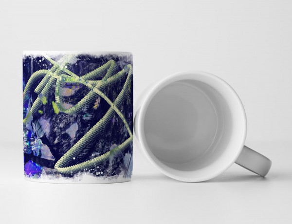 Paul Sinus Art Tasse Geschenk dunkelblau, distel farbiger Hintergrund, hellgrüne Abstraktionen