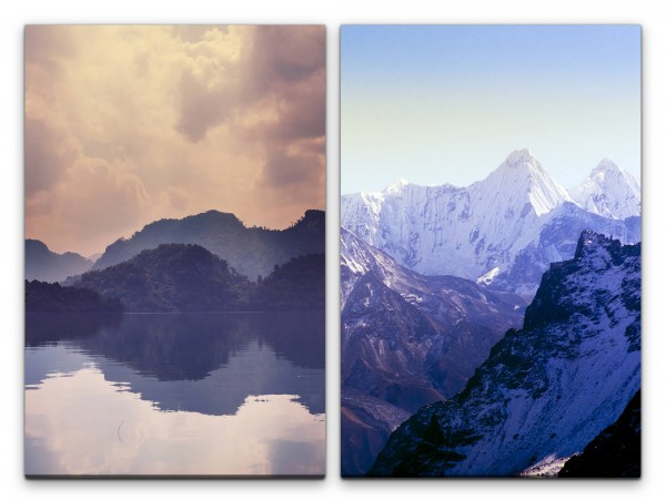 Paul Sinus Art 2 Bilder je 60x90cm Gebirge Bergsee Natur Himalaya Wolken Gebirgskette Reflexion