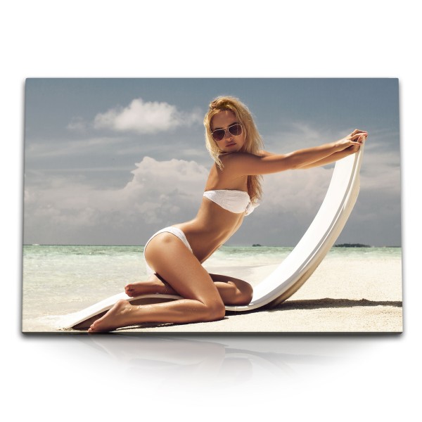 Paul Sinus Art 120x80cm Wandbild auf Leinwand Sexy Model am Strand Bikini Sonnenschein Meer