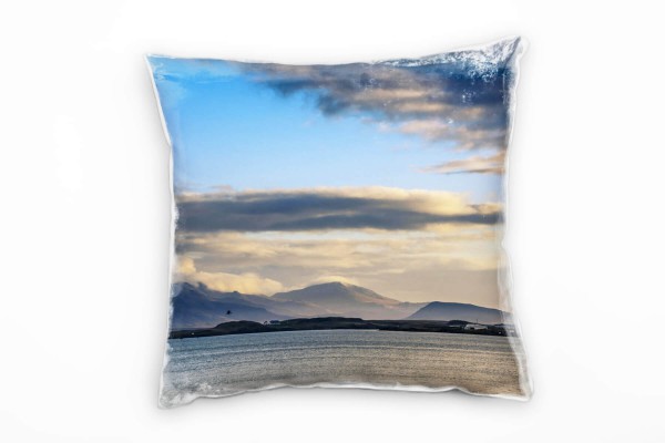 Paul Sinus Art Landschaft, Fjord, Island, Sonnenuntergang, beige Deko Kissen 40x40cm für Couch Sofa Lounge Zierkiss