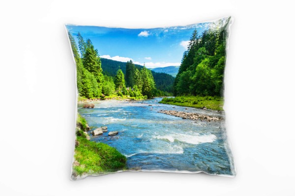 Paul Sinus Art Landschaft, grün, blau, Nadelbäume am Fluss, Sommer Deko Kissen 40x40cm für Couch Sofa Lounge Zierki