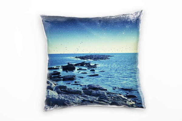 Paul Sinus Art Strand und Meer, Möwen, Sterne, grau, blau Deko Kissen 40x40cm für Couch Sofa Lounge Zierkissen