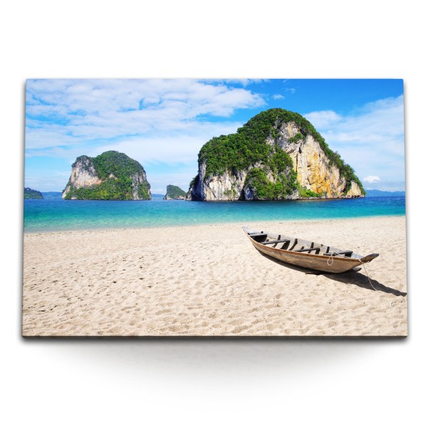 Paul Sinus Art 120x80cm Wandbild auf Leinwand Thailand Sonnenschein Meer Sandstrand Fischerboot Felsen