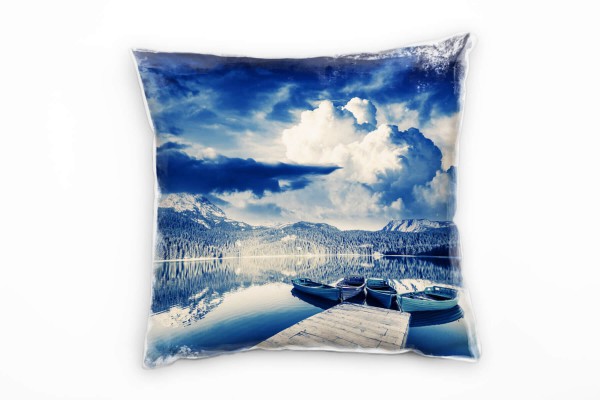 Paul Sinus Art Seen, Berge, Wasser, Boote, grau, blau Deko Kissen 40x40cm für Couch Sofa Lounge Zierkissen