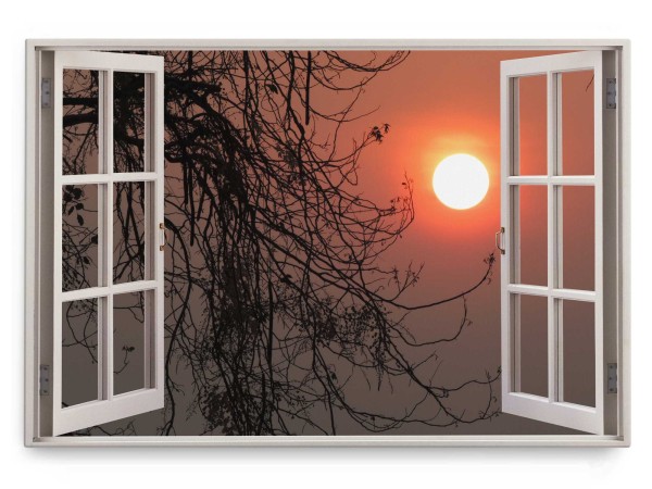 Paul Sinus Art Wandbild 120x80cm Fensterbild Sonne Abendrot Abenddämmerung Baum Sonnenuntergang