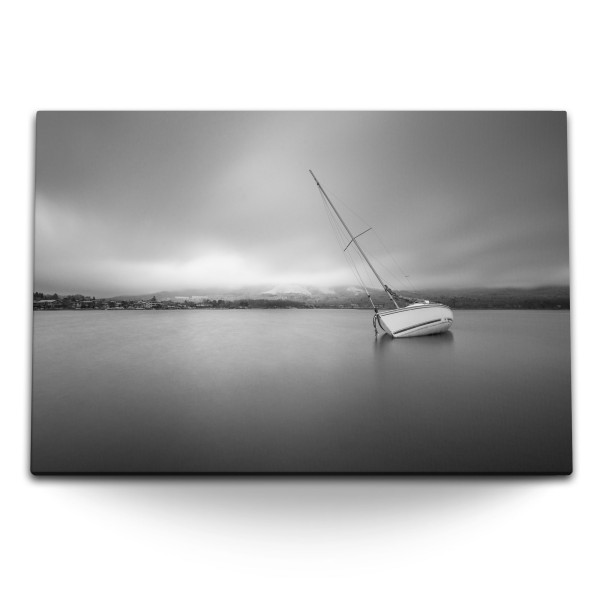 Paul Sinus Art 120x80cm Wandbild auf Leinwand Schwarz Weiß Fotografie Segelboot Meer Grau