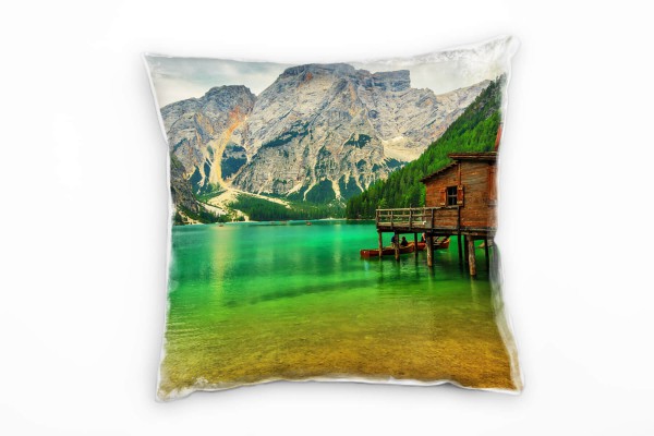 Paul Sinus Art Seen, Berge, Hütte, grün, grau, braun Deko Kissen 40x40cm für Couch Sofa Lounge Zierkissen