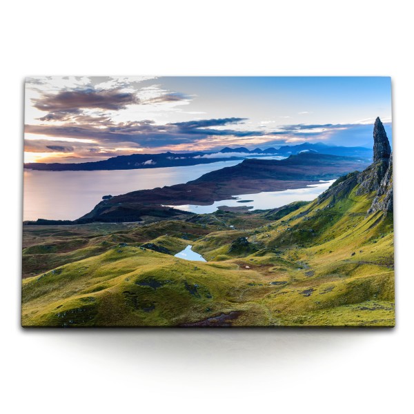 Paul Sinus Art 120x80cm Wandbild auf Leinwand Schottische Landschaft Meer Berge Felsen Sonnenuntergang