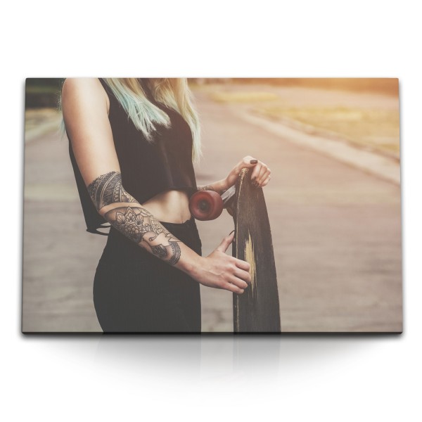 Paul Sinus Art 120x80cm Wandbild auf Leinwand Junge Frau mit Skateboard Tattoos Longboard Skaten