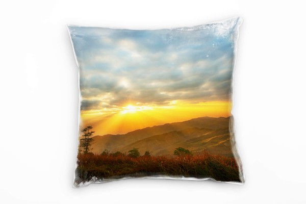 Paul Sinus Art Landschaft, Berge, Sonnenuntergang, orange, blau Deko Kissen 40x40cm für Couch Sofa Lounge Zierkisse