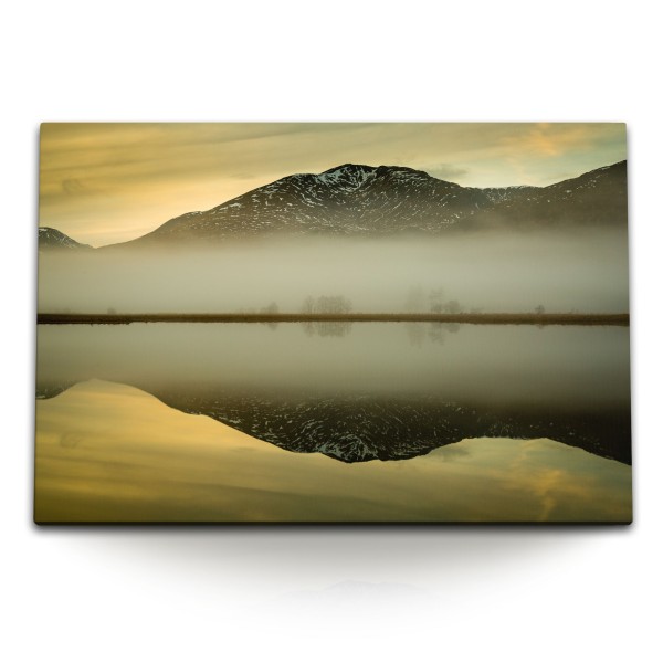 120x80cm Wandbild auf Leinwand See Berge Reflexion Natur Abenddämmerung