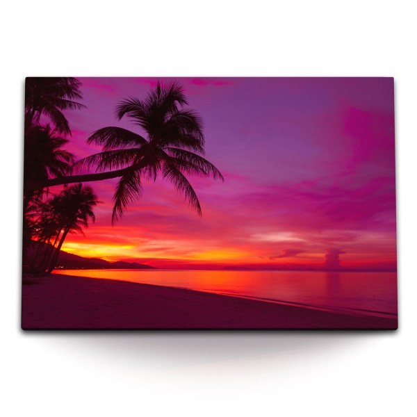 Paul Sinus Art 120x80cm Wandbild auf Leinwand Traumstrand Strand Sandstrand Abendröte Meer Palme