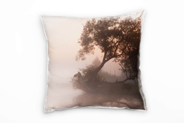 Paul Sinus Art Natur, grau, orange, Baum im Nebel, Sonnenaufgang Deko Kissen 40x40cm für Couch Sofa Lounge Zierkiss