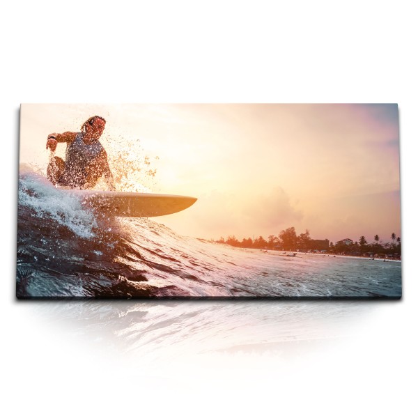 Paul Sinus Art Kunstdruck Bilder 120x60cm Surfer Wellenreiter Ozean Sonnenuntergang Surfbrett