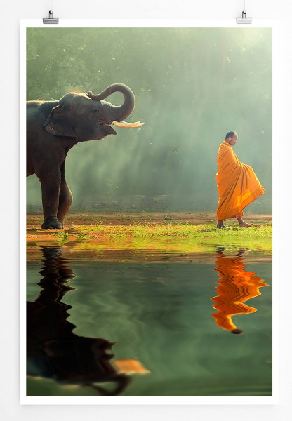 Paul Sinus Art Junger Elefant mit buddhistischen Mönchen 60x90cm Poster