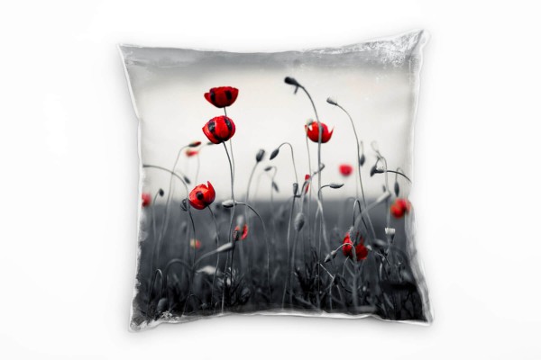 Paul Sinus Art Blumen, Wiese, Mohn, grau, rot Deko Kissen 40x40cm für Couch Sofa Lounge Zierkissen