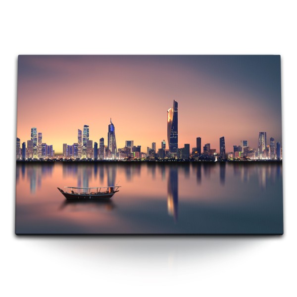 Paul Sinus Art 120x80cm Wandbild auf Leinwand Kuwait Skyline Meer Abenddämmerung Boot Wolkenkratzer