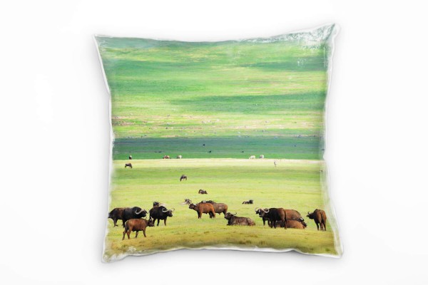 Paul Sinus Art Tiere, grün, braun, Büffel, Steppe Deko Kissen 40x40cm für Couch Sofa Lounge Zierkissen