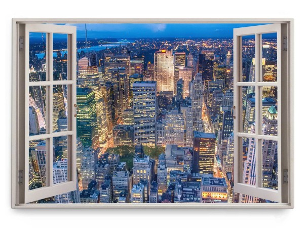 Paul Sinus Art Wandbild 120x80cm Fensterbild Großstadt Hochhäuser Skyline Blau Stadtlichter