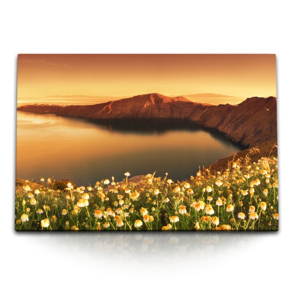 Paul Sinus Art 120x80cm Wandbild auf Leinwand Sonnenuntergang Klippen Küste Bucht Meer Blumen