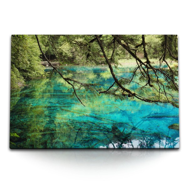 Paul Sinus Art 120x80cm Wandbild auf Leinwand Bergsee Alpensee klares Wasser Natur Bäume