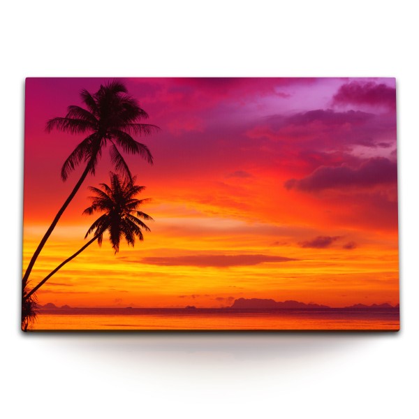 Paul Sinus Art 120x80cm Wandbild auf Leinwand Abendrot roter Himmel Palmen Meer Paradies