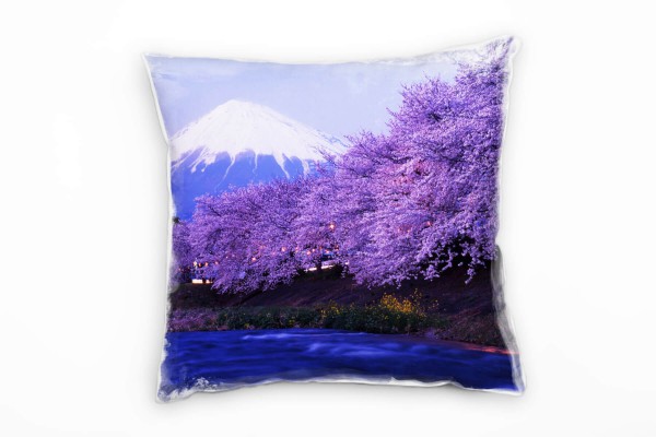 Paul Sinus Art Landschaft, rosa, blau, Kirschblüte, Berg Fuji, abends Deko Kissen 40x40cm für Couch Sofa Lounge Zie