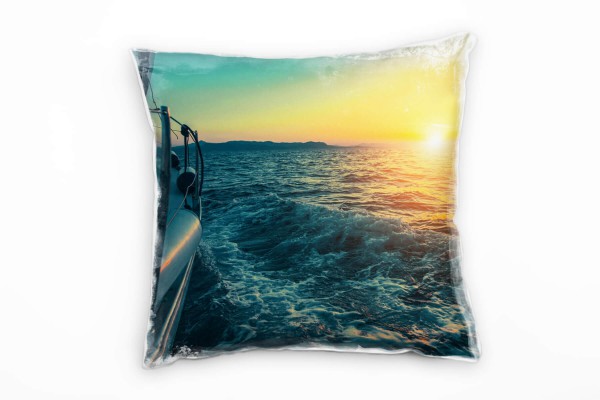 Paul Sinus Art Meer, Segelboot, Sonnenuntergang, orange, blau Deko Kissen 40x40cm für Couch Sofa Lounge Zierkissen