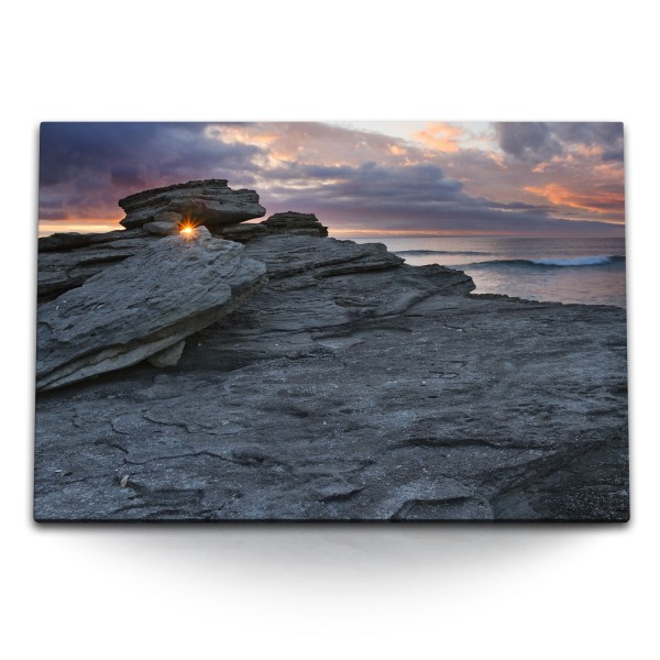 120x80cm Wandbild auf Leinwand Vulkan Insel Meer Sonnenuntergang Abendrot