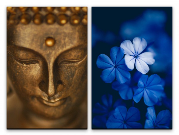 Paul Sinus Art 2 Bilder je 60x90cm Buddha Buddhakopf Tibet Blumen Blau Bronze Nahaufnahme