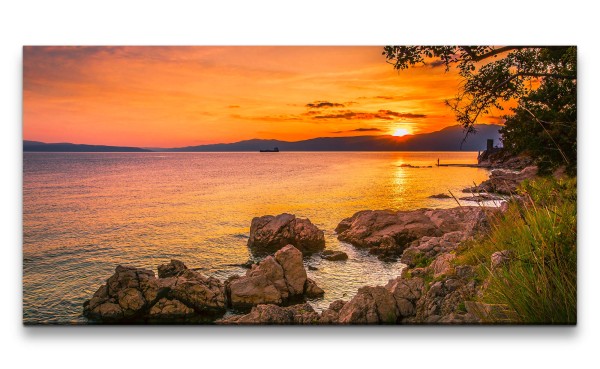 Paul Sinus Art Leinwandbild 120x60cm Sonnenuntergang Abendröte Meer Natur Berge Felsen