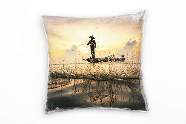 Paul Sinus Art Meer, Fischer, Sonnenaufgang, Wasser, gelb Deko Kissen 40x40cm für Couch Sofa Lounge Zierkissen