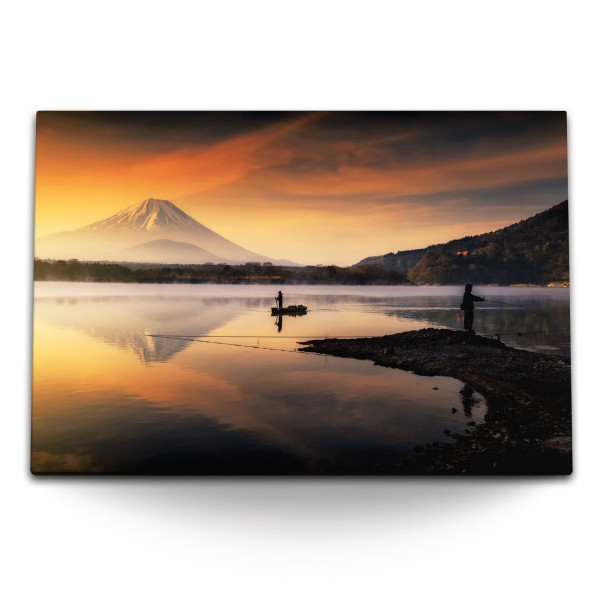 Paul Sinus Art 120x80cm Wandbild auf Leinwand Japan Fuji Berg See Fischer Abendrot Sonnenuntergang