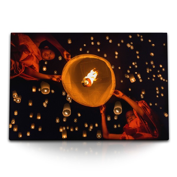 Paul Sinus Art 120x80cm Wandbild auf Leinwand Loi Krathong Fest Thailand Laternen Nacht