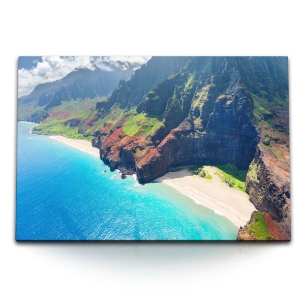 Paul Sinus Art 120x80cm Wandbild auf Leinwand Na Pali Küste Hawaii Insel Klippen Felsen Meer