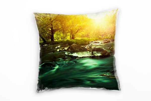 Paul Sinus Art Natur, grün, blau, orange, Fluss, Wald Deko Kissen 40x40cm für Couch Sofa Lounge Zierkissen