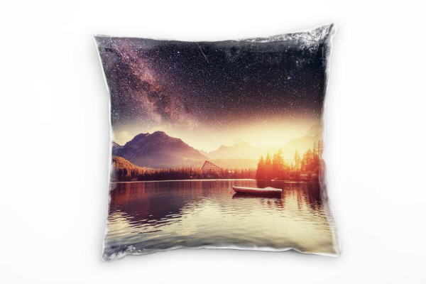 Paul Sinus Art Seen, Sterne, Sonnenuntergang, Boot, Berge, bunt Deko Kissen 40x40cm für Couch Sofa Lounge Zierkisse