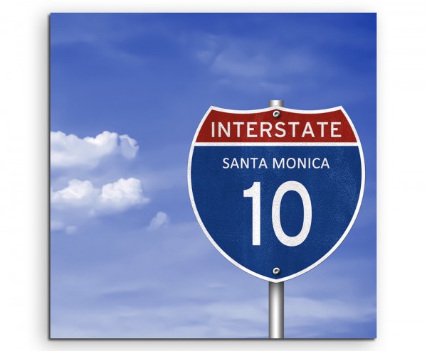 Paul Sinus Art Landschaftsfotografie – Autobahnschild Interstate Santa Monica auf Leinwand