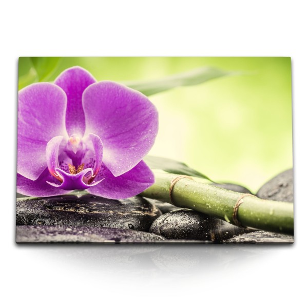 Paul Sinus Art 120x80cm Wandbild auf Leinwand Orchidee Blume Blüte Steine Bambus Violett Grün