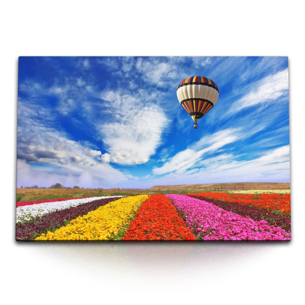 Paul Sinus Art 120x80cm Wandbild auf Leinwand Tulpenfeld Heißluftballon blauer Himmel Blumen