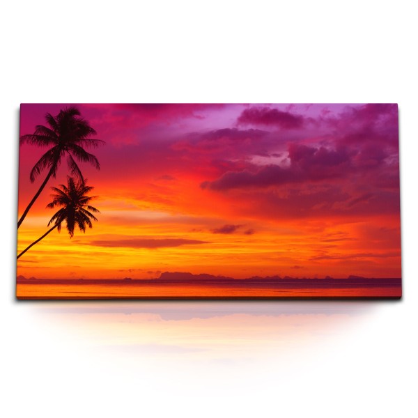 Paul Sinus Art Kunstdruck Bilder 120x60cm Abendrot roter Himmel Palmen Meer Paradies