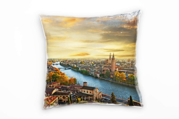 Paul Sinus Art City, braun, orange, Fluss, Verona, Italien Deko Kissen 40x40cm für Couch Sofa Lounge Zierkissen