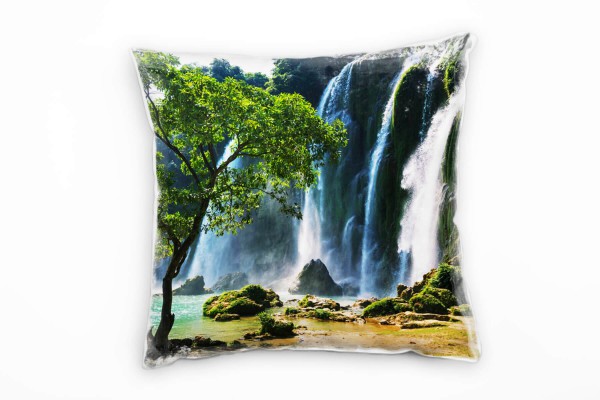 Paul Sinus Art Frühling, Wasserfall, Berge, Baum, Türkises Wasser Deko Kissen 40x40cm für Couch Sofa Lounge Zierkis