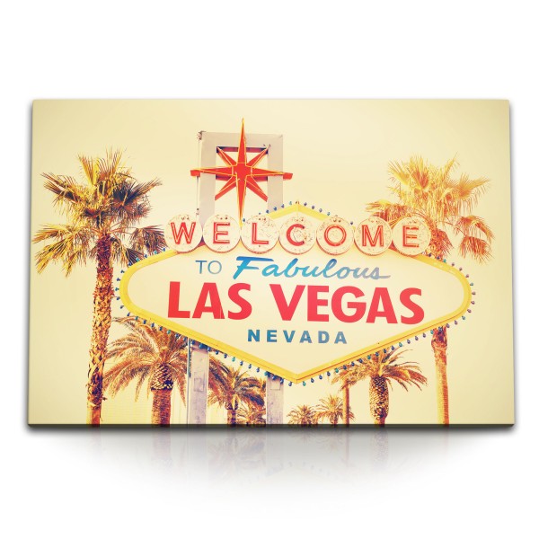 Paul Sinus Art 120x80cm Wandbild auf Leinwand Las Vegas Nevada Schild Sonnenschein Palmen