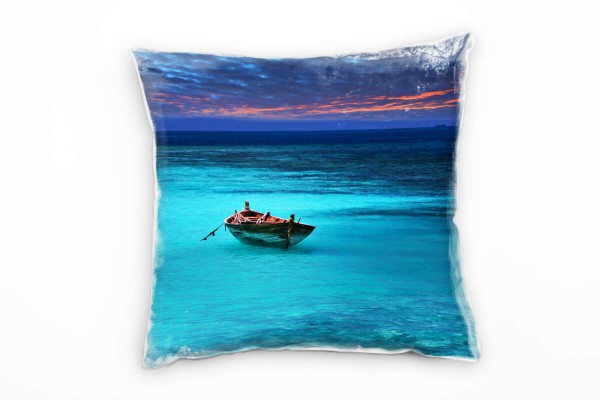 Paul Sinus Art Meer, türkis, blau, verlassenes Boot, dunkle Wolken Deko Kissen 40x40cm für Couch Sofa Lounge Zierki