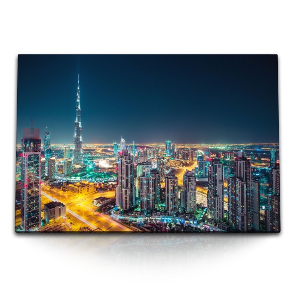 Paul Sinus Art 120x80cm Wandbild auf Leinwand Dubai bei Nacht Stadt Hochhäuser Burj Khalifa