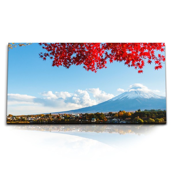 Paul Sinus Art Kunstdruck Bilder 120x60cm Japan Fuji Berg Meer rote Herbstblätter Natur