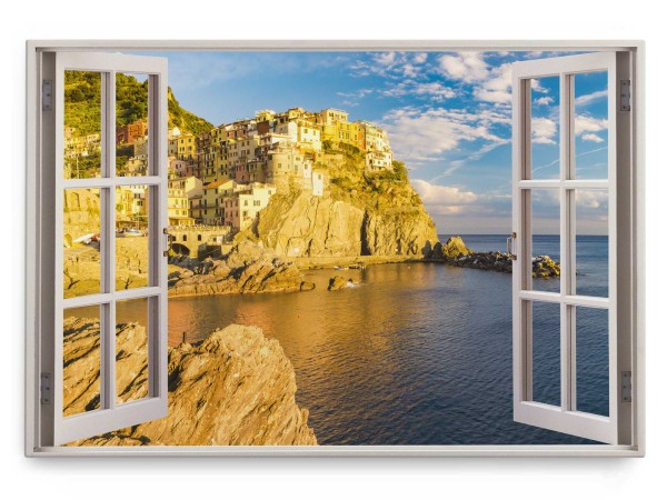 Paul Sinus Art Wandbild 120x80cm Fensterbild Italienische Küstenstadt Meer Mittelmeer Felsen